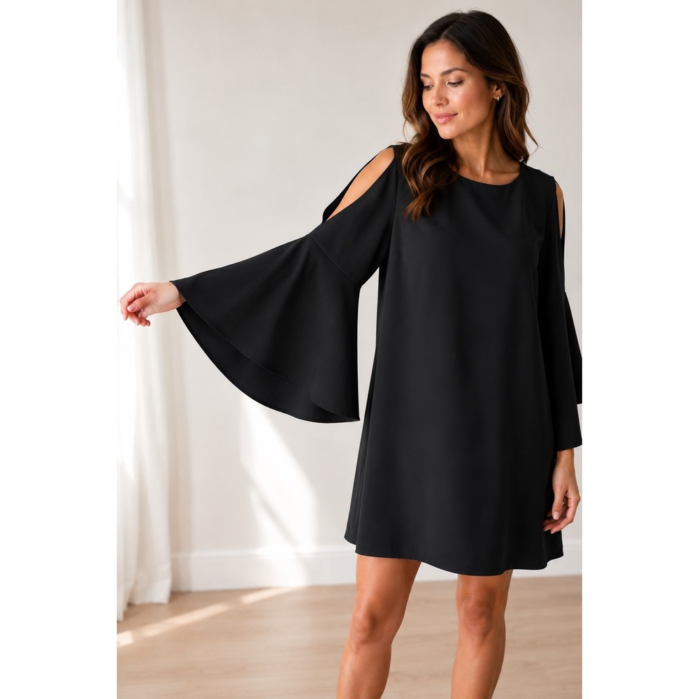 Vince Camuto Dress Women 1X Black Cold Shoulder Bell Sleeve Chic Goth